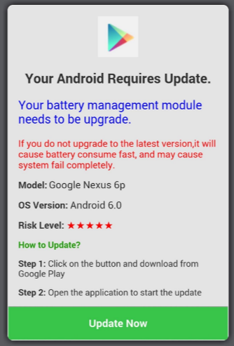 Fake update message adware in Android